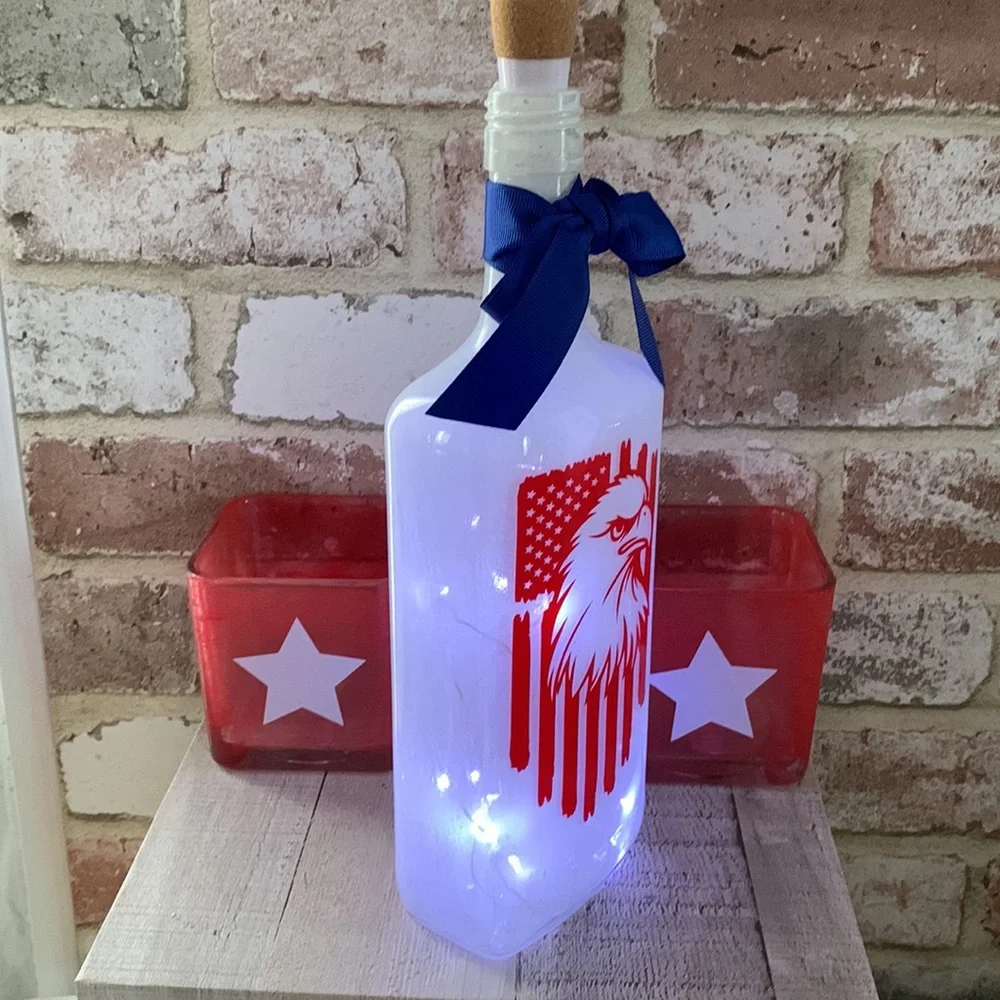 Hand Crafted Patriotic Eagle Lighted Bottle